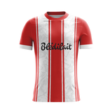 Scarlet Heritage soccer jersey front view — First XI Studio premium football kit