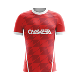 Crimson Aero soccer jersey front view — First XI Studio premium football kit