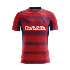 Crimson Rhythm soccer jersey front view — First XI Studio premium football kit