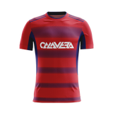 Crimson Rhythm soccer jersey front view — First XI Studio premium football kit